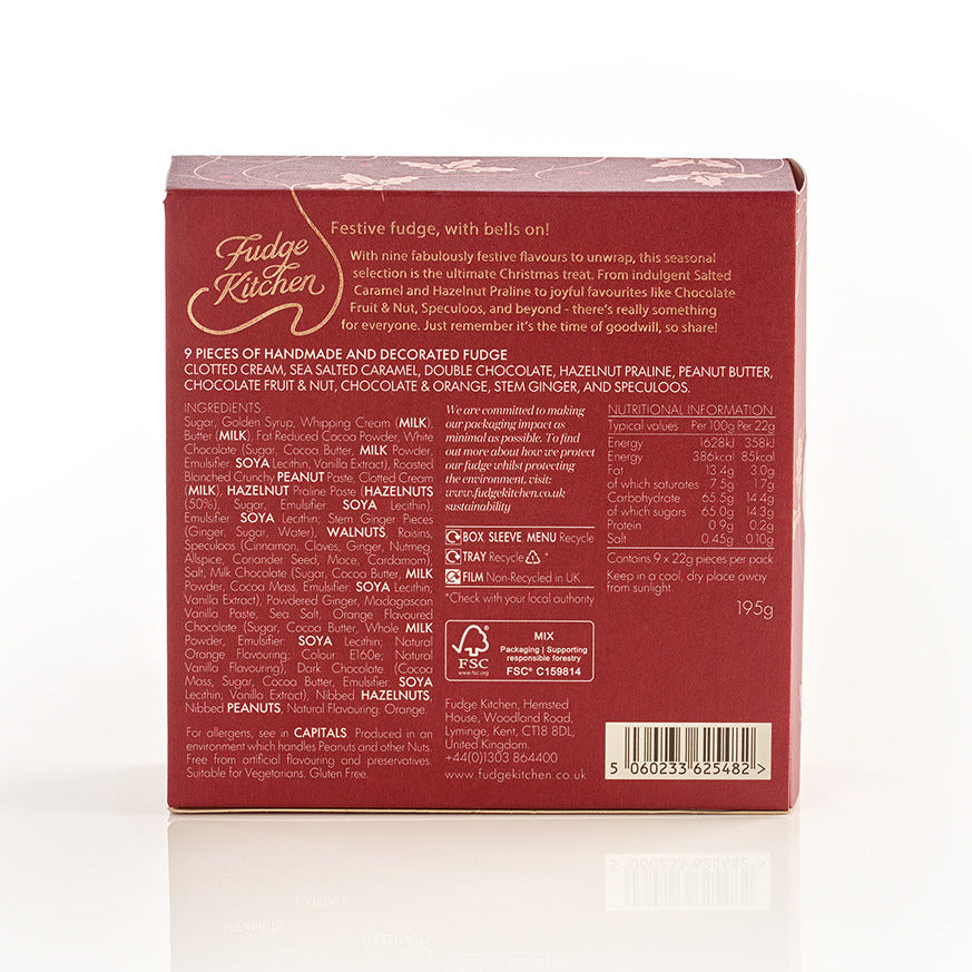 Fudge Kitchen festive fudge collection back of box showing ingredient listing.