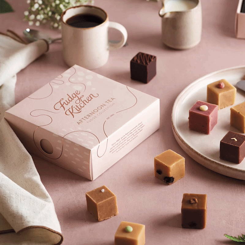 Fudge Kitchen Afternoon Tea fudge selection displayed with fudges and rotating celebration theme sleeves.