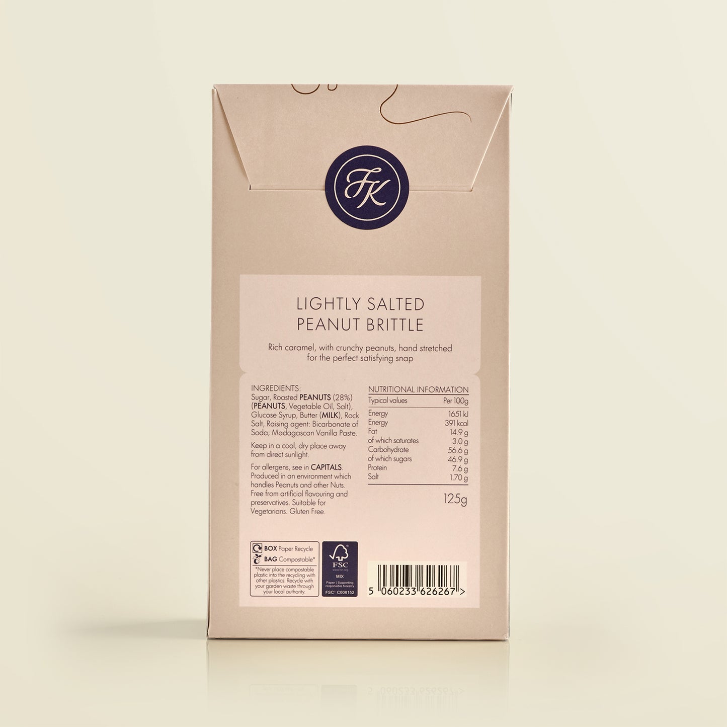 Package of lightly salted peanut brittle with brand logo and nutritional information on a beige background