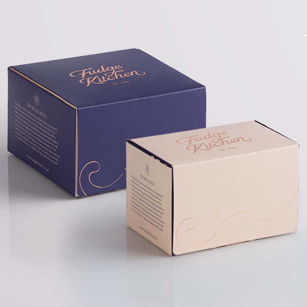 Sleek buff 3-slice box and refined indigo 5-slice stylish boxes without a seal ensures your fudge is as much a feast for the eyes as it is for the taste buds.