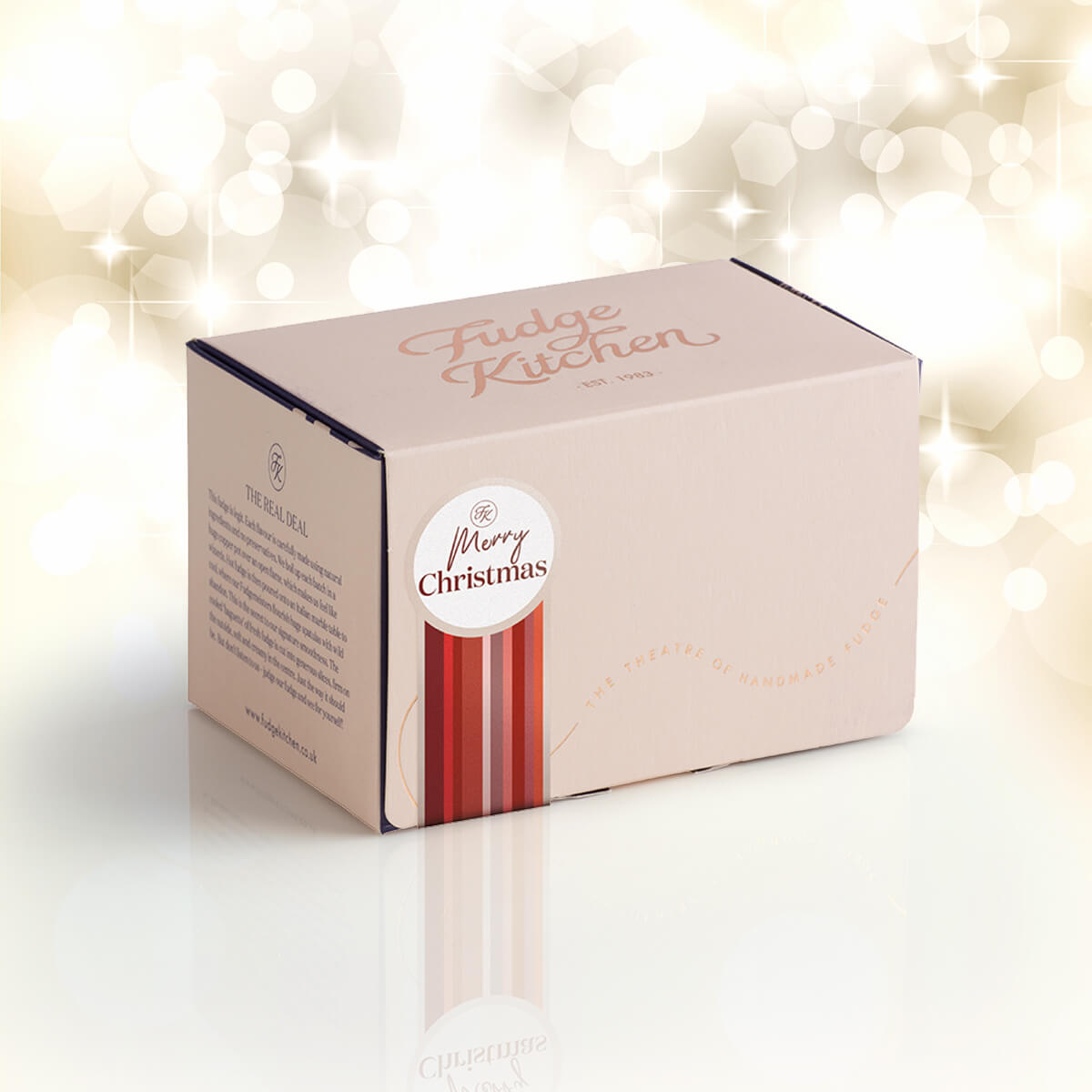 Buff-coloured 3-slice fudge gift made from premium materials with a soft matte finish and subtle foiled accents, adorned with a "Happy Christmas" seal. This compact yet stylish box ensures your fudge is as much a feast for the eyes as it is for the taste buds.