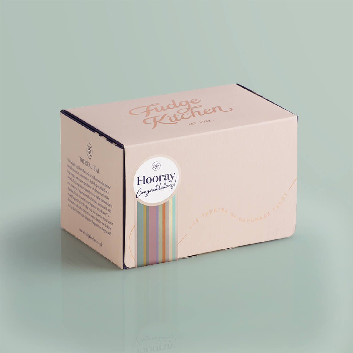 Buff-coloured 3-slice fudge gift made from premium materials with a soft matte finish and subtle foiled accents, adorned with a "Congratulations" seal. This compact yet stylish box ensures your fudge is as much a feast for the eyes as it is for the taste buds.