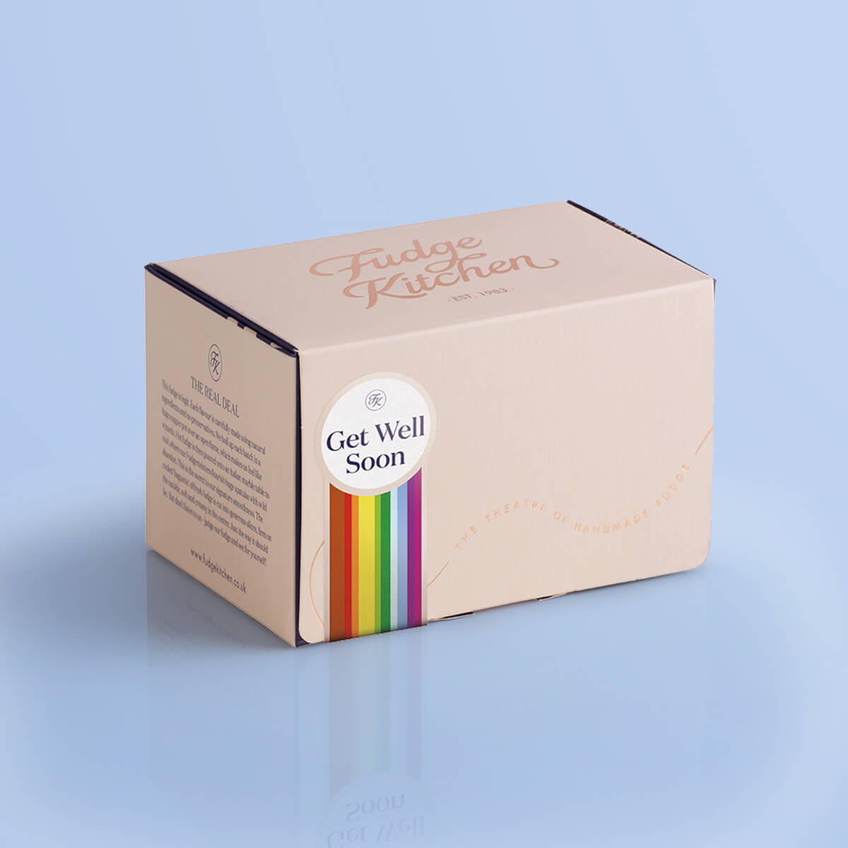 Buff-coloured 3-slice fudge gift made from premium materials with a soft matte finish and subtle foiled accents, adorned with a "Get Well Soon" seal. This compact yet stylish box ensures your fudge is as much a feast for the eyes as it is for the taste buds.