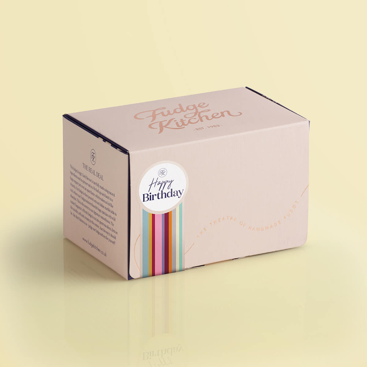 Buff-coloured 3-slice fudge gift made from premium materials with a soft matte finish and subtle foiled accents, adorned with a "Happy Birthday" seal. This compact yet stylish box ensures your fudge is as much a feast for the eyes as it is for the taste buds.