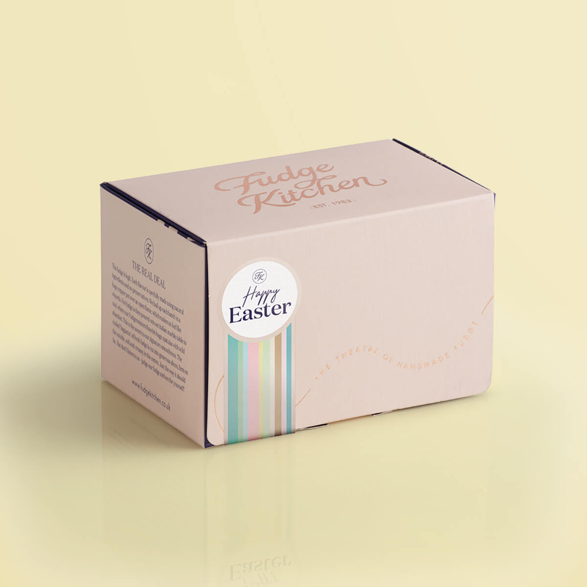 Buff-coloured 3-slice fudge gift made from premium materials with a soft matte finish and subtle foiled accents, adorned with a "Happy Birthday" seal. This compact yet stylish box ensures your fudge is as much a feast for the eyes as it is for the taste buds.