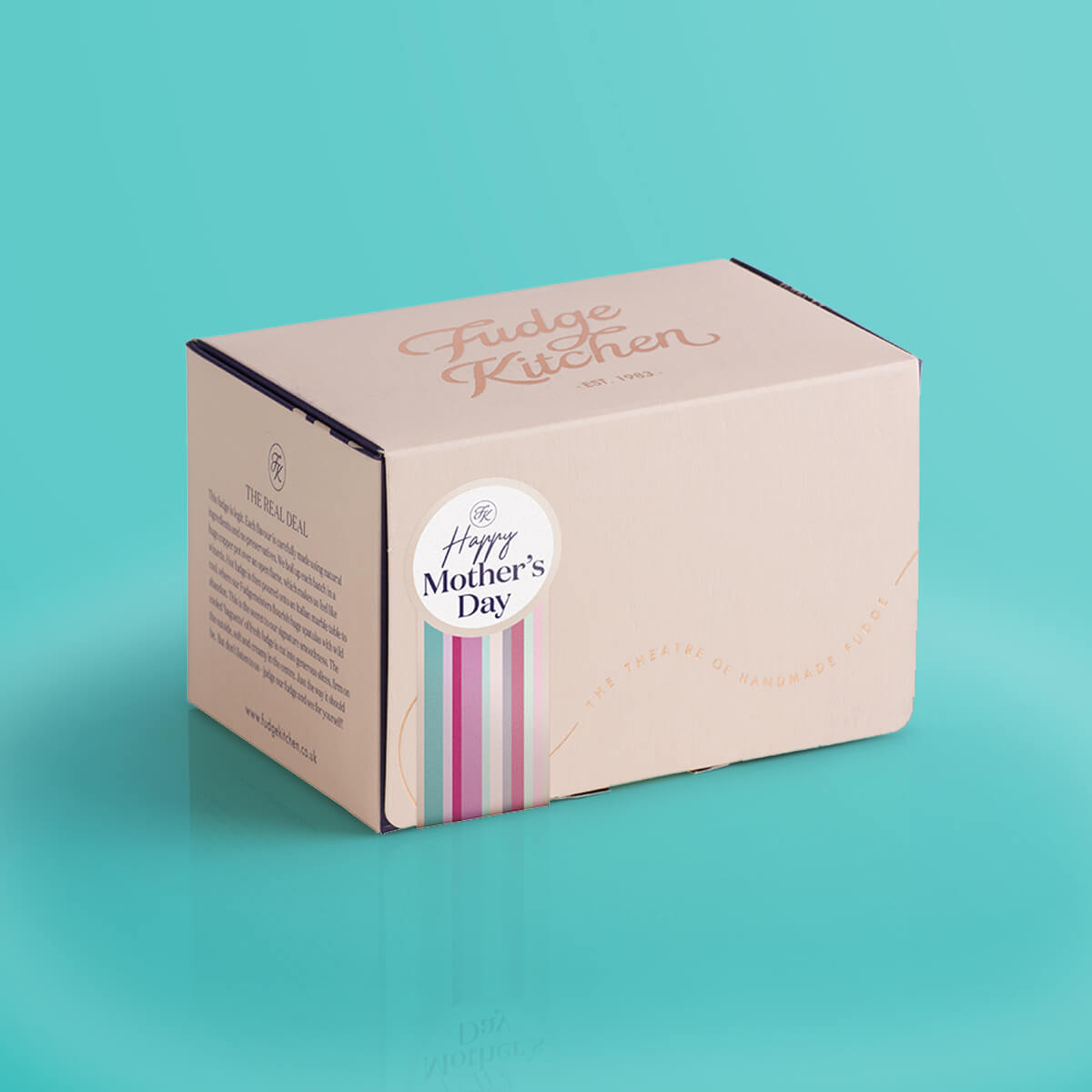 Buff-coloured 3-slice fudge gift made from premium materials with a soft matte finish and subtle foiled accents, adorned with a "Happy Mother's Day Seal". This compact yet stylish box ensures your fudge is as much a feast for the eyes as it is for the taste buds.