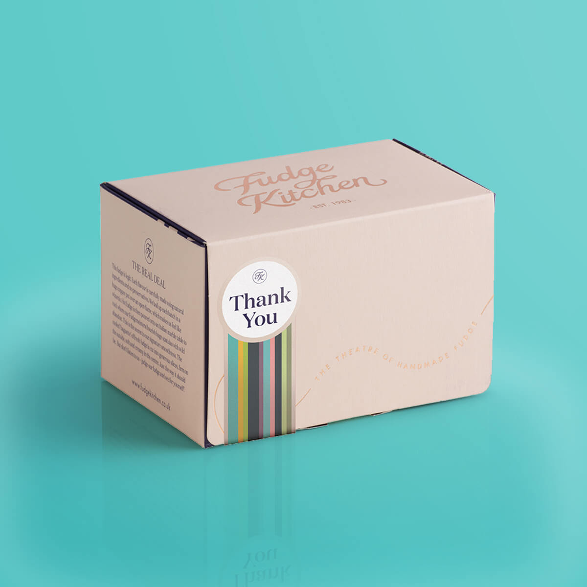 Buff-coloured 3-slice fudge gift made from premium materials with a soft matte finish and subtle foiled accents, adorned with a "Thank You " seal. This compact yet stylish box ensures your fudge is as much a feast for the eyes as it is for the taste buds.