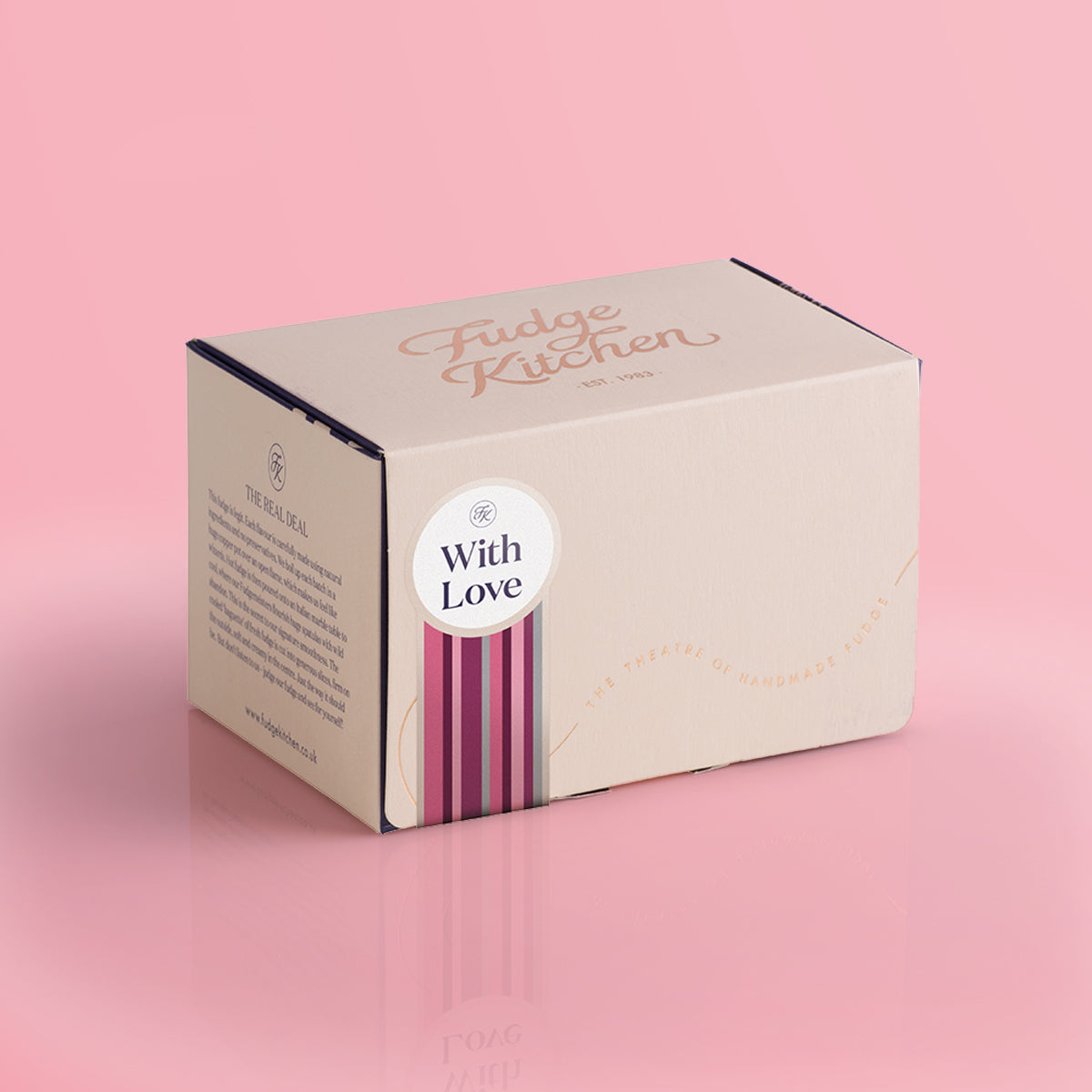 Buff-coloured 3-slice fudge gift made from premium materials with a soft matte finish and subtle foiled accents, adorned with a "with Love" seal, this compact yet stylish box ensures your fudge is as much a feast for the eyes as it is for the taste buds.