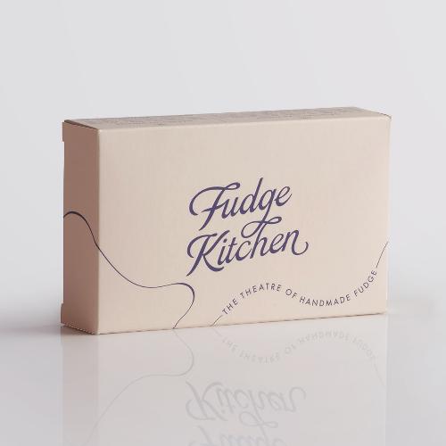 Fudge Kitchen elegant gift box displaying front view for the indulgent, handmade fudge flavour Strawberries & Cream Fudge