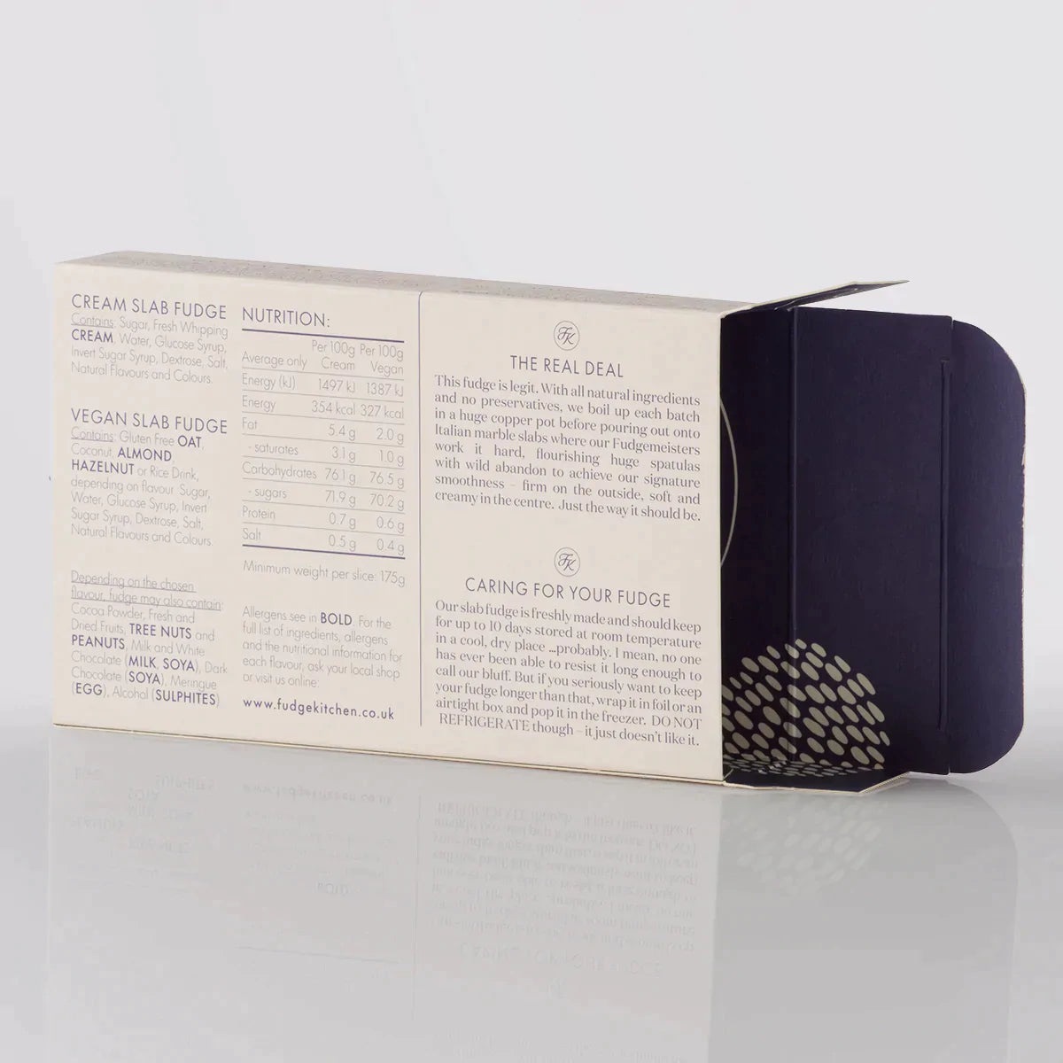 Fudge Kitchen elegant gift box displaying back view for the single slice of handmade fudge flavour Maple Walnut Fudge