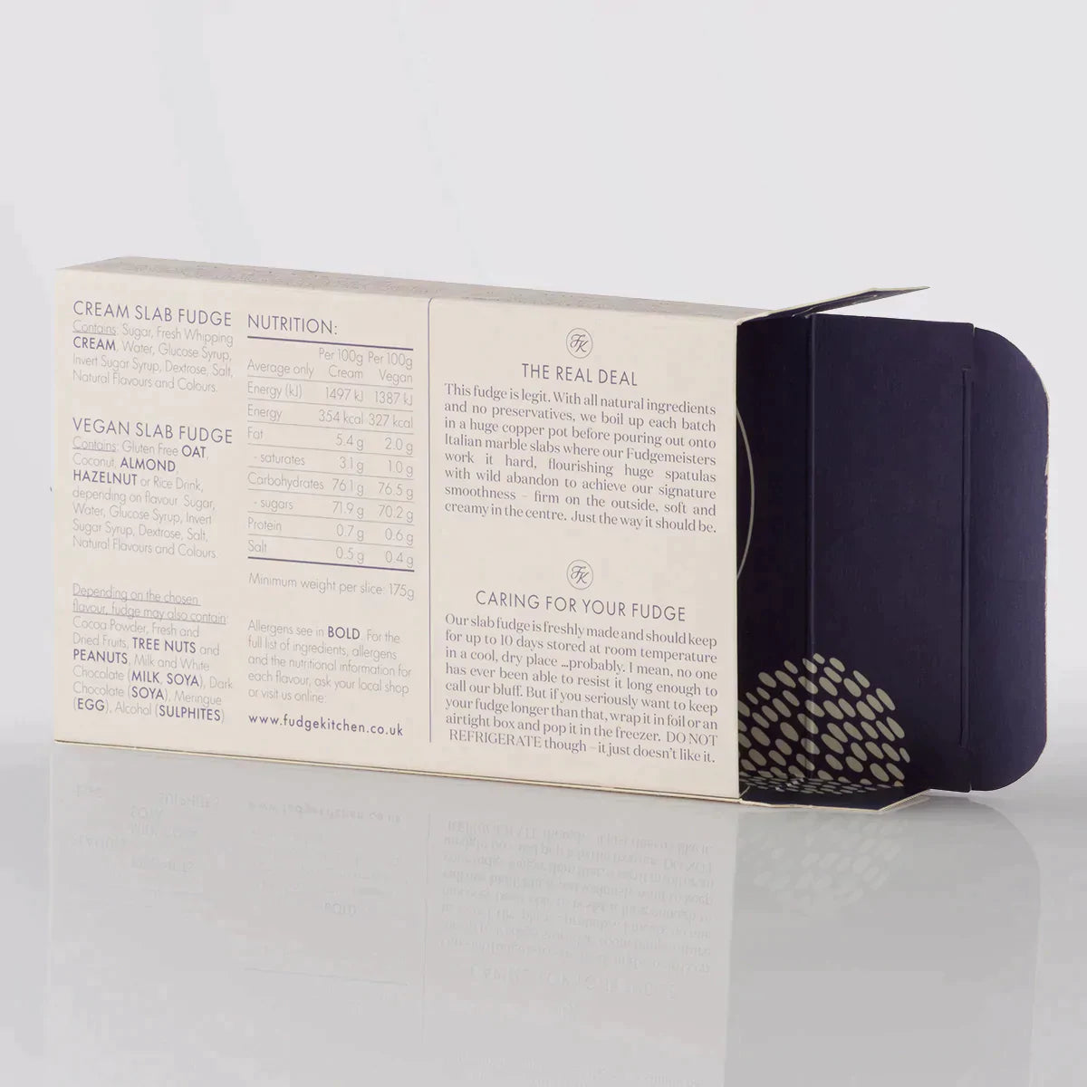 Fudge Kitchen elegant gift box displaying back view for the single slice of handmade fudge flavour Sea Salted Caramel Fudge