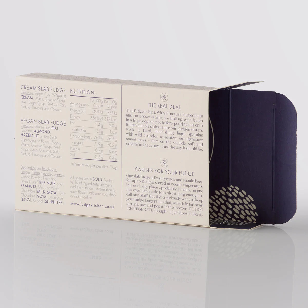 Fudge Kitchen elegant gift box displaying back view for the single slice of handmade fudge flavour Dark Chocolate & Sea Salt Fudge