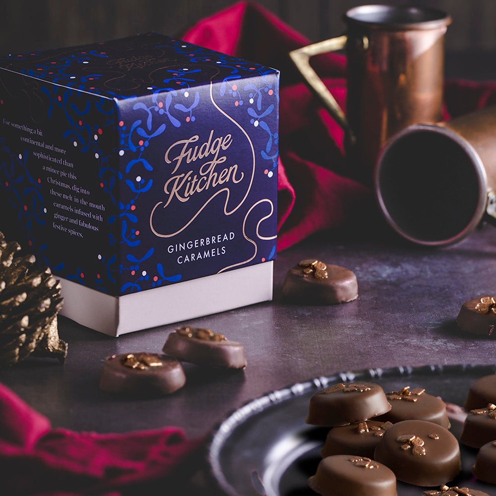 Gingerbread Caramels by Fudge Kitchen, served as a festive treat in a cosy holiday setting. Perfect for sharing with loved ones, gifting, or enjoying during the Christmas season.