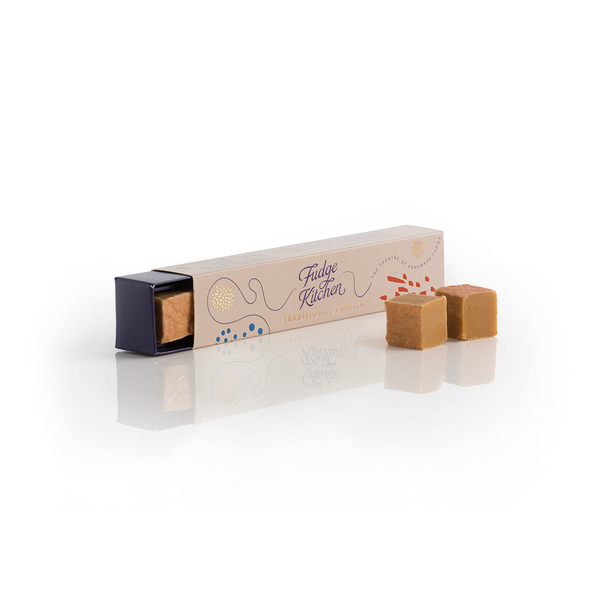 Traditional Vanilla Fudge pieces with a Fudge Kitchen branded box on a white background