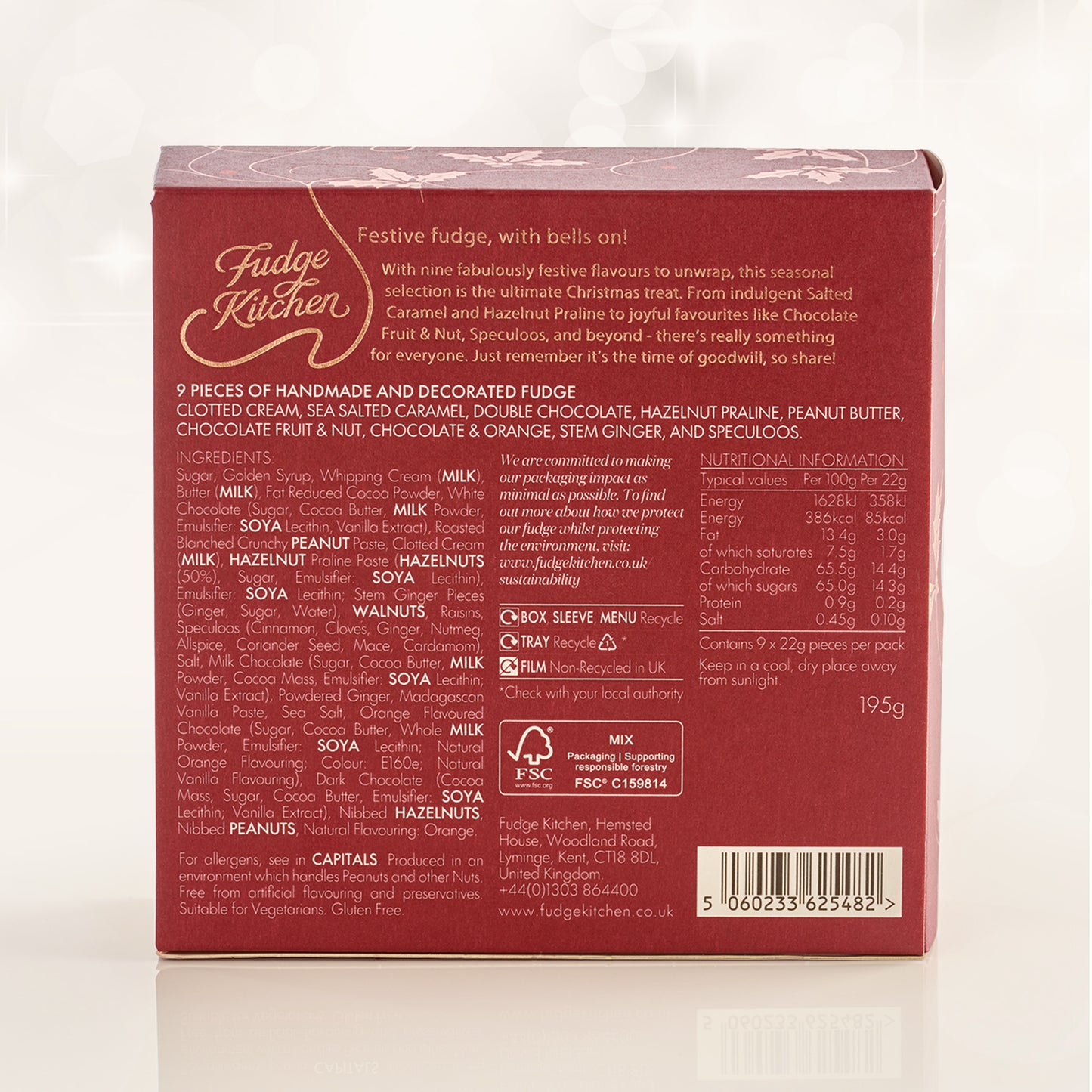 Fudge Kitchen festive fudge collection back of box showing ingredient listing.