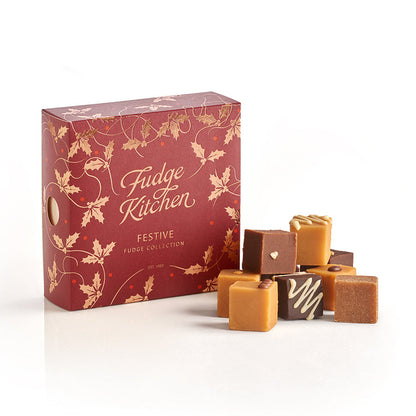 Fudge Kitchen festive fudge collection with a red box on a white background with gourmet fudges