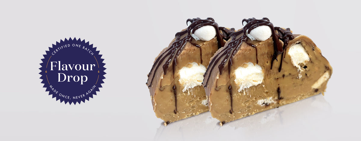 Two chocolate-covered s'more fudge slices with mallow pieces throughout and dark chocolate drizzle, shown on a light gray background next to a blue 'Flavour Drop' badge.