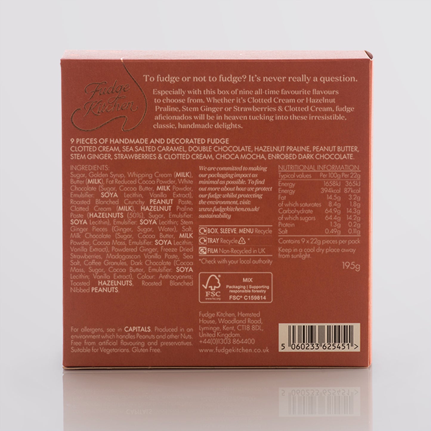 Back of a Fudge Kitchen Classic selection box showing back of pack information, on a light grey background.