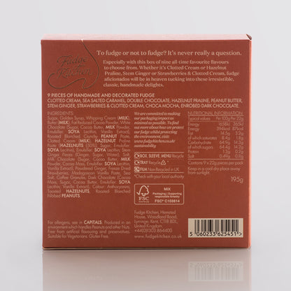 Back of a Fudge Kitchen Classic selection box showing back of pack information, on a light grey background.