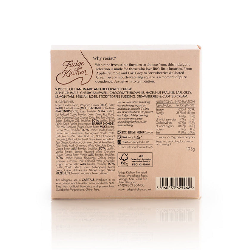 Fudge Kitchen Afternoon Tea selection box, back of pack information, on a white background.