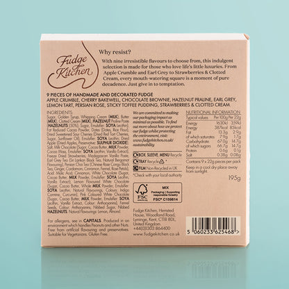 Back of a Fudge Kitchen Afternoon Tea selection box showing back of pack information, on a light blue background.