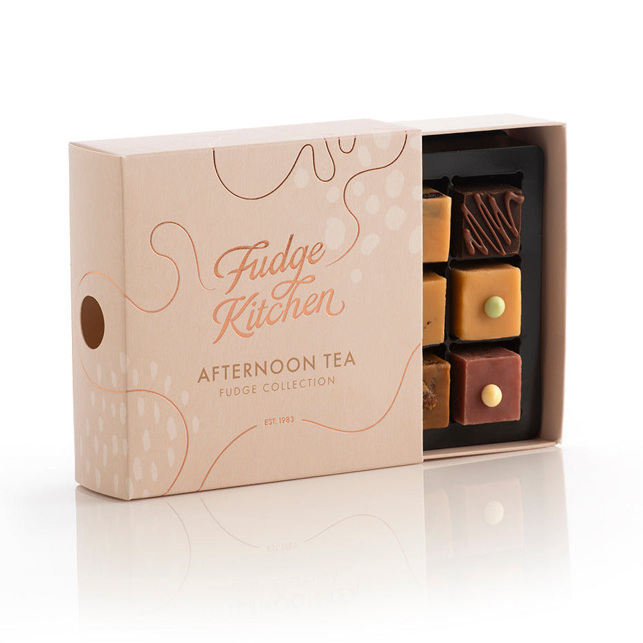 Fudge Kitchen, Afternoon Tea Fudge Selection box, displayed on a white background, slightly open showing artisan fudge flavours.