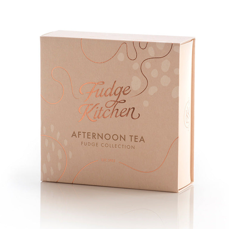 Fudge Kitchen, Afternoon Tea Fudge Selection box angled and displayed on a white background.