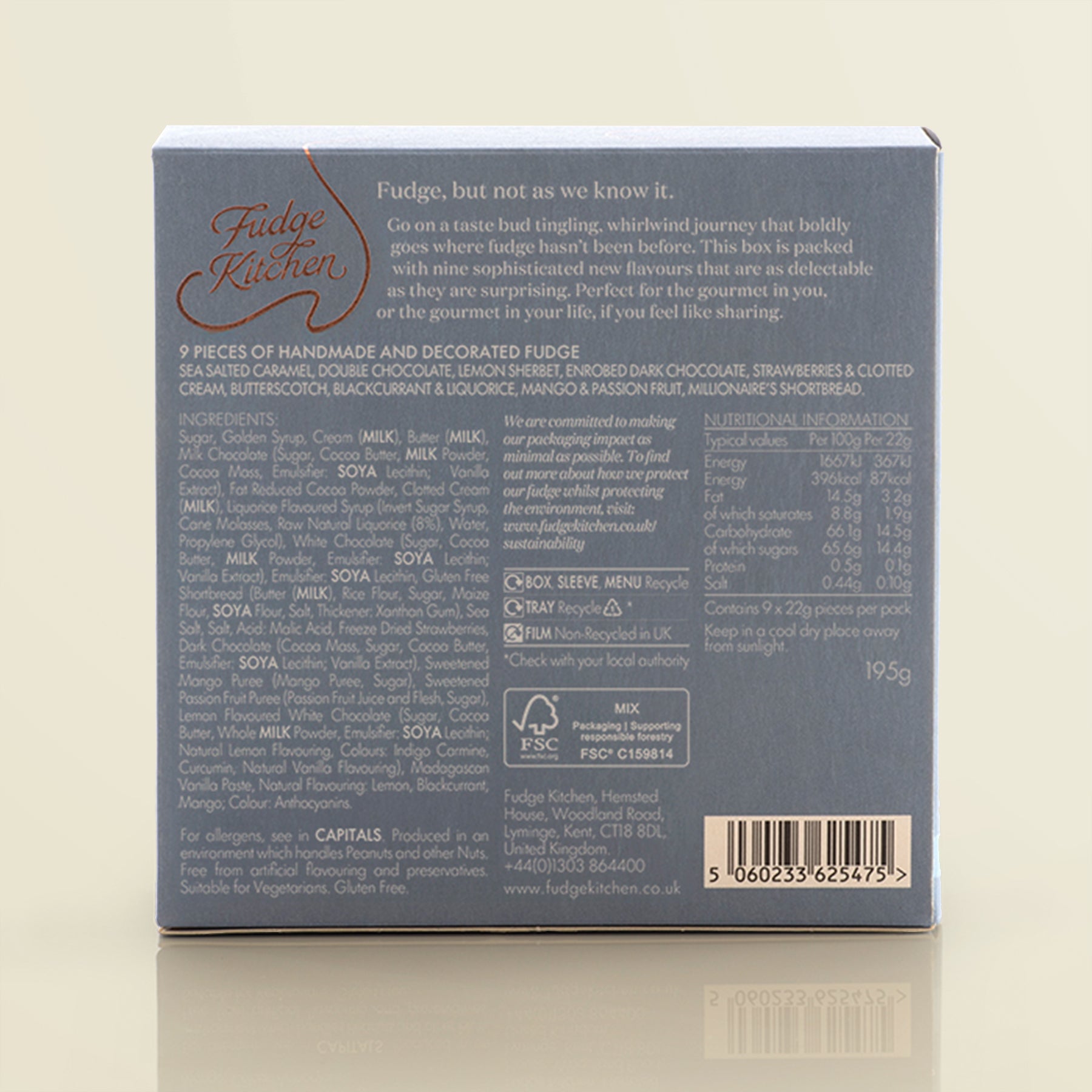 Back of a Fudge Kitchen Tasting Menu selection box showing back of pack information, on a light yellow background.