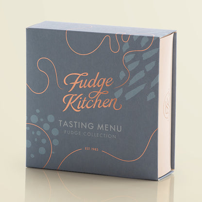Fudge Kitchen tasting menu box on a light yellow background