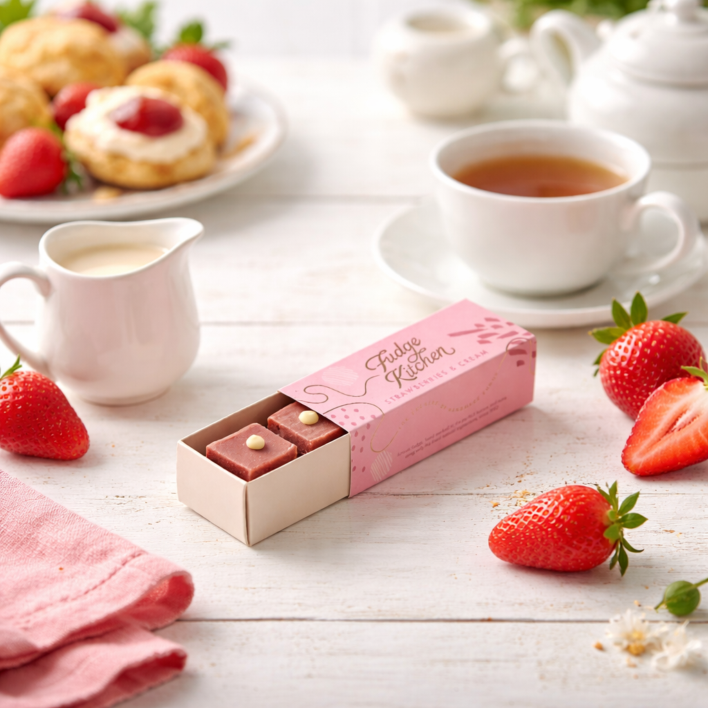 A box of strawberries & cream fudge with two pieces visible, hand-decorated with white chocolate, on a white wooden table with strawberries, a tea set and decorative items in the background.