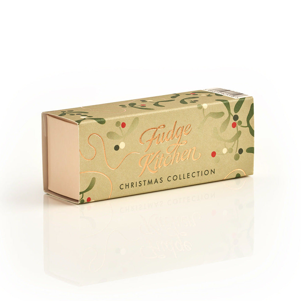 Long festive Fudge Kitchen gift box, of the christmas fudge trio selection, displayed on a white background.