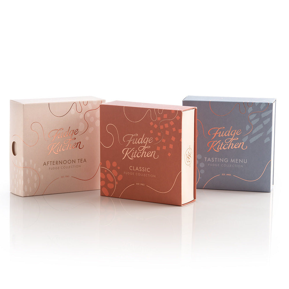 3 Fudge Kitchen Fudge Selection Boxes: Afternoon Tea, Classic, Tasting Menu - on a white background.