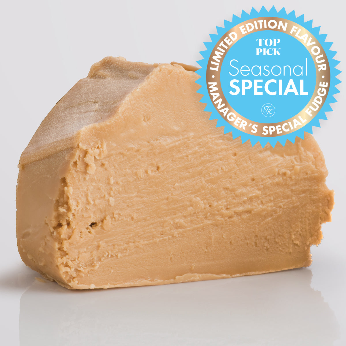 Apple Crumble Fudge, a Fudge Kitchen indulgent, handmade fudge flavour displayed with a "seasonal special" badge.