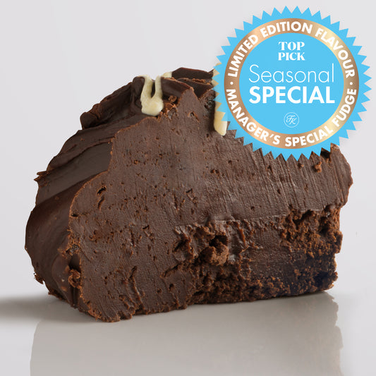 Black Forest Gateau Fudge, a Fudge Kitchen indulgent, handmade fresh fudge flavour displayed with a "limited edition" icon.