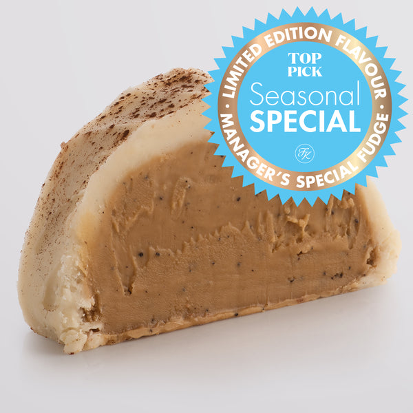 Cappuccino Fudge single slice, a Fudge Kitchen indulgent, handmade fudge flavour displayed with a 