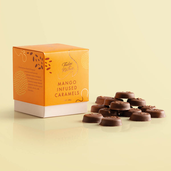 Mango Caramels by Fudge Kitchen, featuring firm, handmade caramels infused with tropical mango flavour. A refreshing and indulgent treat perfect for mango lovers.