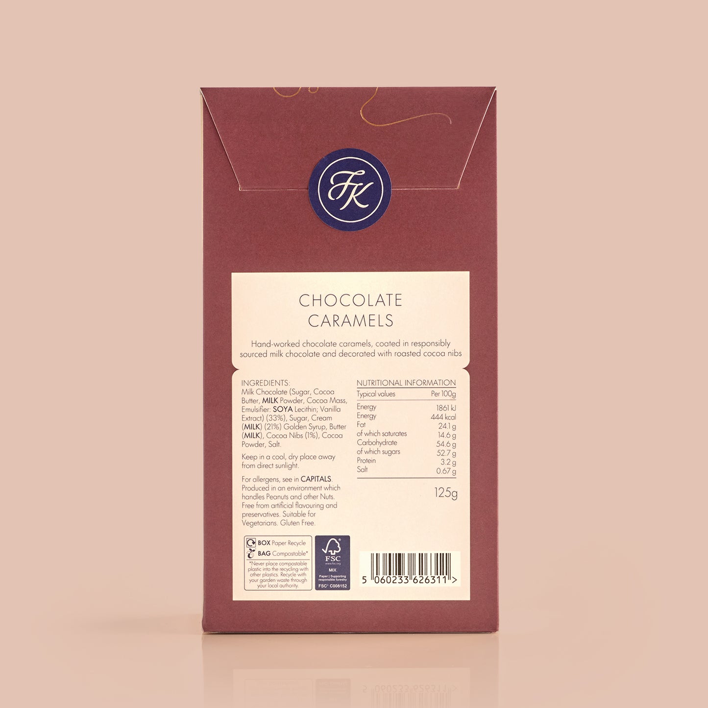 Back of chocolate caramel packaging showing ingredient and allergen information on a light blue background