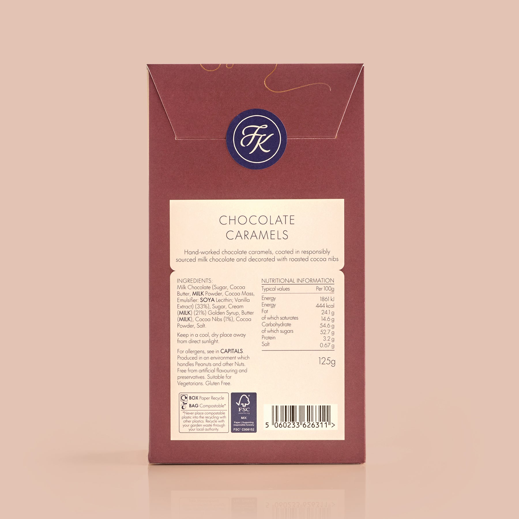 Back of chocolate caramel packaging showing ingredient and allergen information on a light blue background