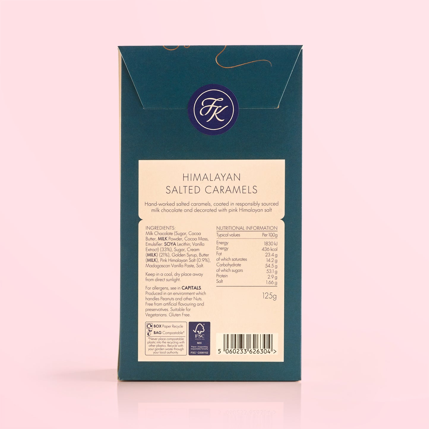 Back of Himalayan Salted Caramels packaging showing ingredient listing and allergens on a pink background