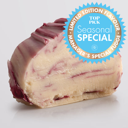 Cherry Swirl Fudge Special, a single slice of Fudge Kitchen indulgent, handmade fresh fudge flavour with a special edition emblem.
