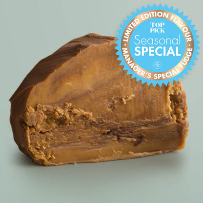 Vegan Fudge Chocolate Caramel Fudge Special, a Fudge Kitchen indulgent, handmade vegan Fudge flavour, displayed witha "limited edition" emblem.