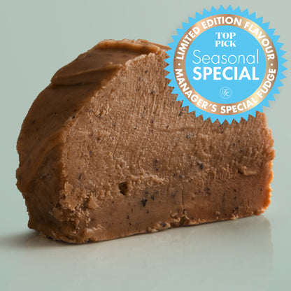 Vegan Fudge Chocolate Hazelnut Fudge, a Fudge Kitchen indulgent, handmade vegan Fudge flavour, ideal for gifting or enjoying as a plant-based treat. Displayed with a "Seasonal Special" badge.