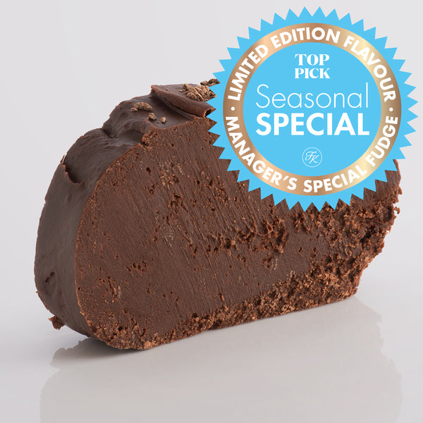 Chocolate Rum Fudge, a Fudge Kitchen indulgent, handmade fudge flavour with crumbled topping on a white background with a 'Limited Edition Flavour' label.