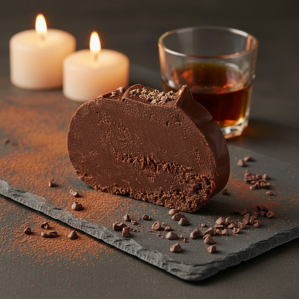 Chocolate Rum Fudge with a glass of rum in the background and candle light, placed on a dark table.