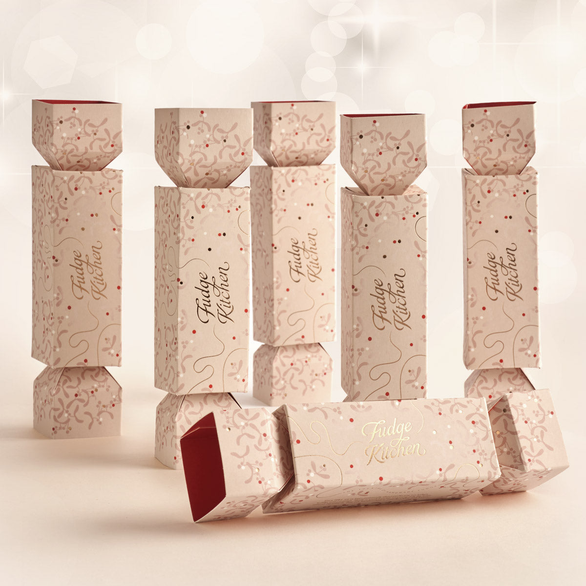 Six luxury fudge crackers with 'Fudge Kitchen' branding on a light background