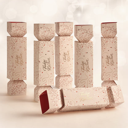 Six luxury fudge crackers with 'Fudge Kitchen' branding on a light background