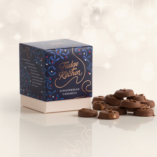 Gingerbread Caramels by Fudge Kitchen, featuring firm, handcrafted caramels infused with warming gingerbread spices. A festive and indulgent treat perfect for seasonal gifting or enjoying yourself.