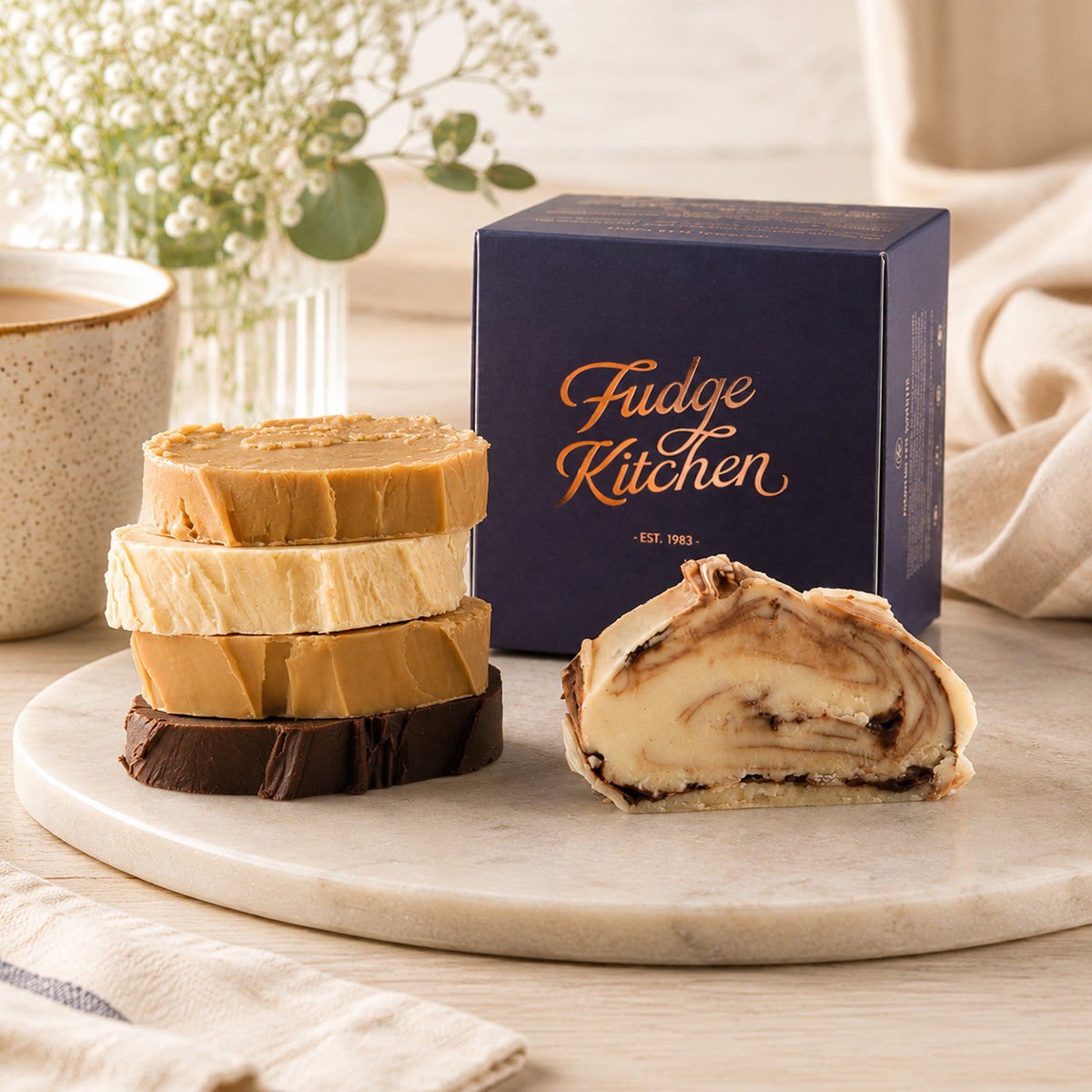 Nuts Not Included Slab Fudge Selection presented on a plate - Fudge Kitchen fresh fudge selection.