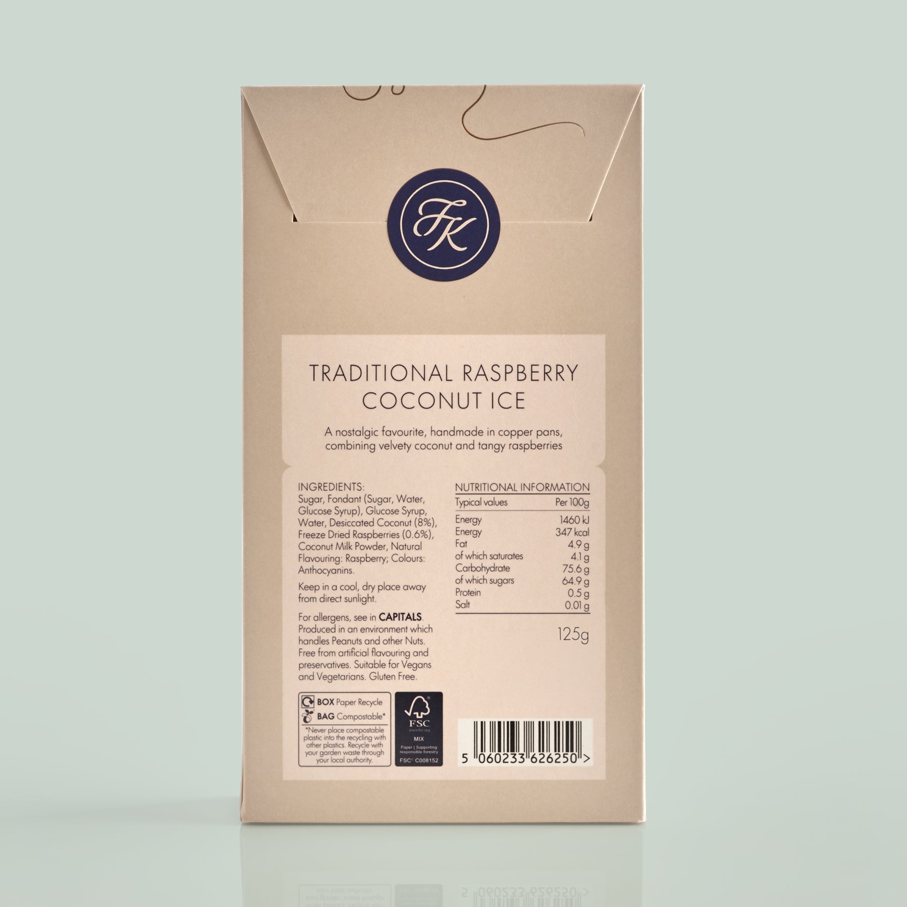 Packaging of Traditional Raspberry Coconut Ice with ingredient and allergen information on a light green background.