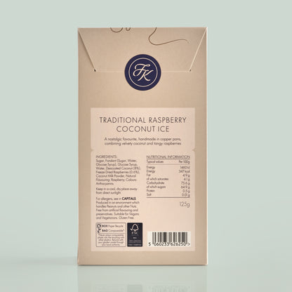 Packaging of Traditional Raspberry Coconut Ice with ingredient and allergen information on a light green background.